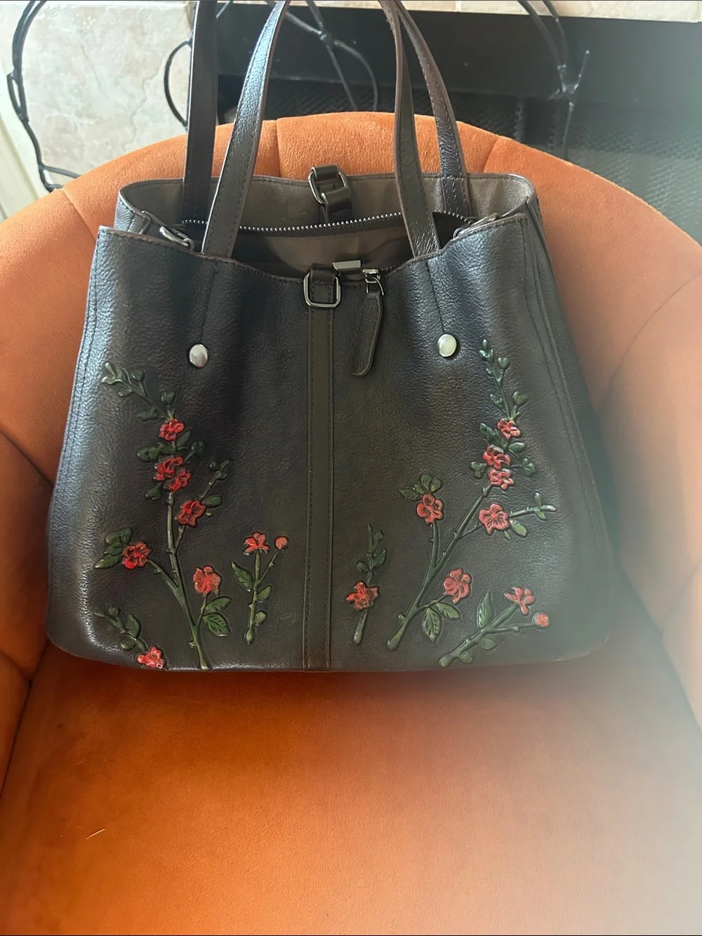 Women’s Brown Leather Tote Bag with Red Floral Accented leather